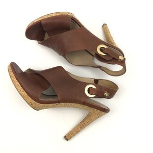 Via Spiga brown leather peep toe strap heel size 7